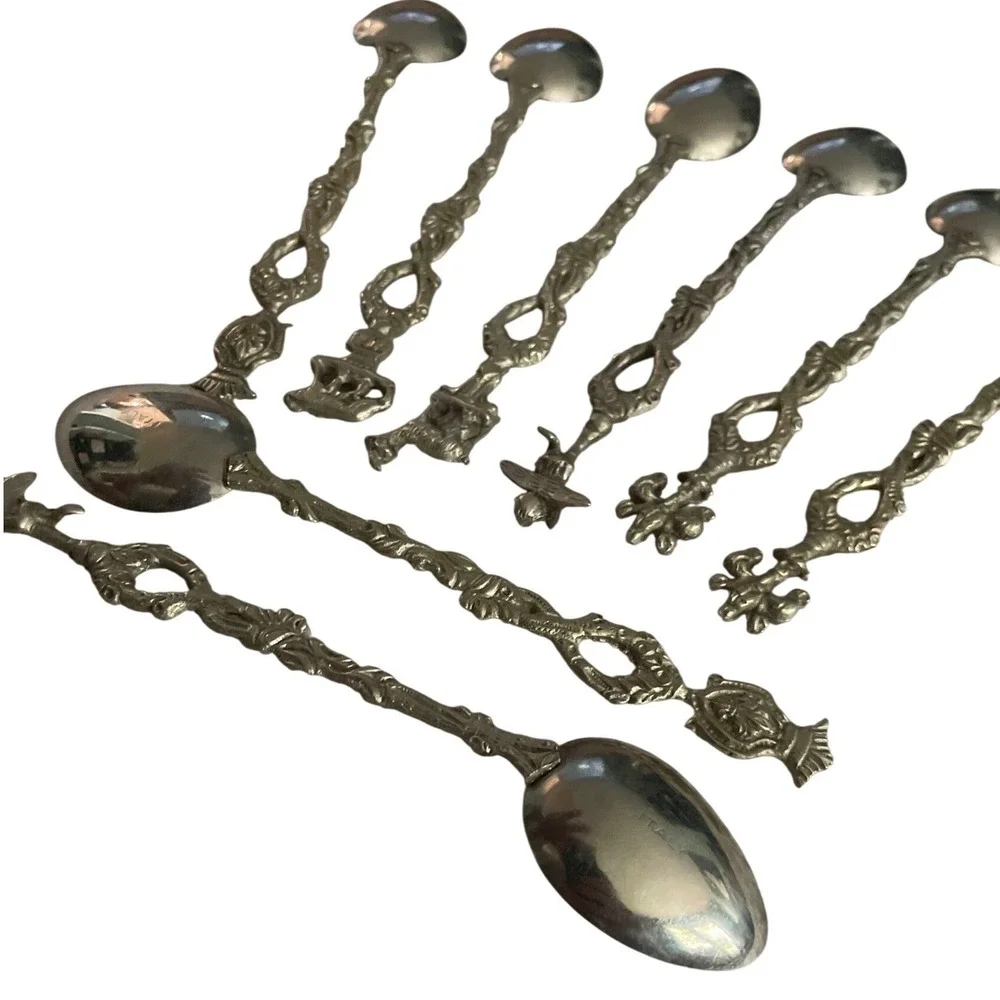 Vintage Italian Silver Tone Demitasse Souvenir Spoons Set of 8 Figural Handles